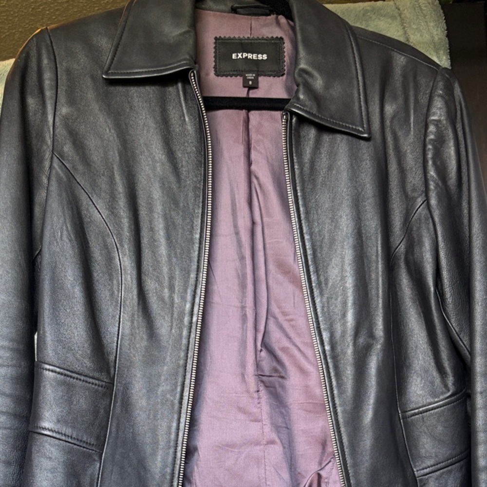 Express Black Leather Jacket with Purple Lining